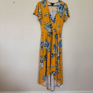 by & by | Mustard Yellow Blue Floral Wrap Maxi Dress | High-Low Hem | Size XL